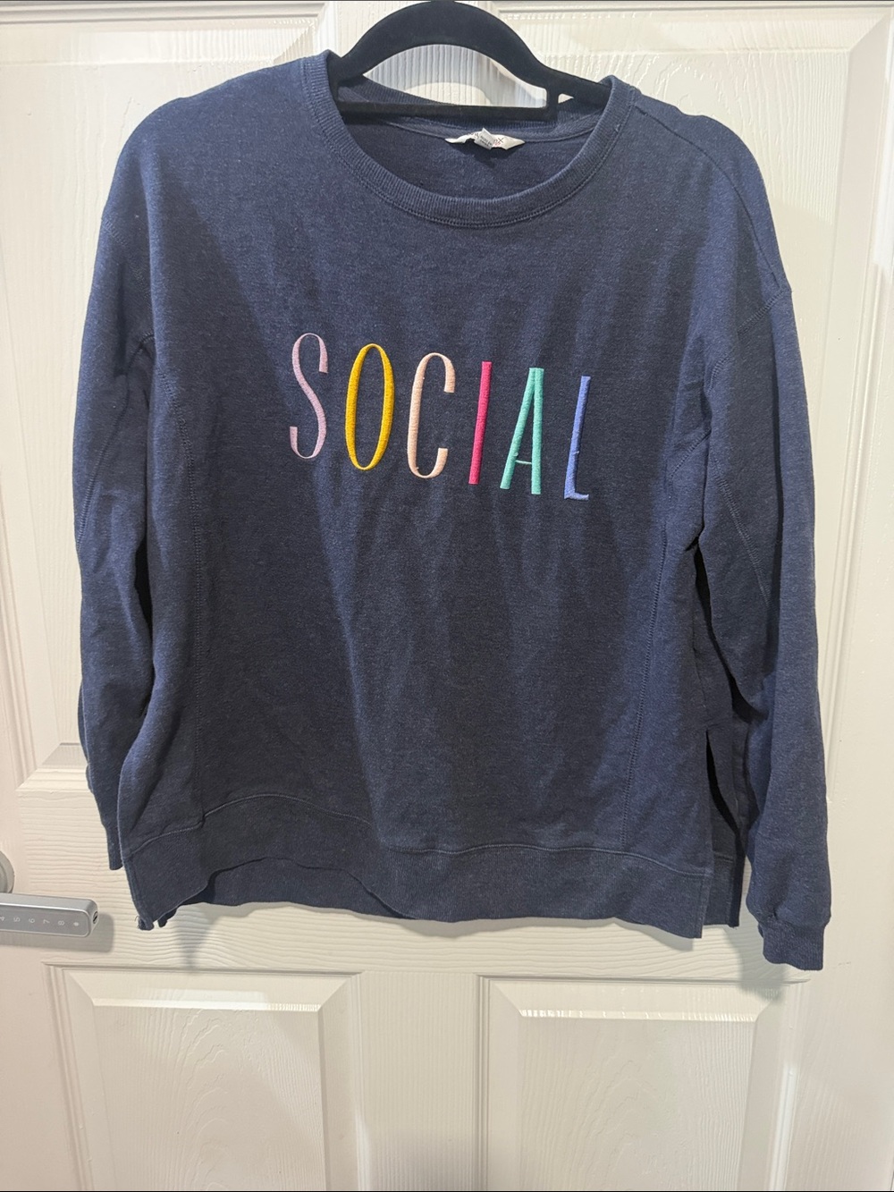Wildfox Navy Crewneck Sweatshirt with Multicolor 'SOCIAL' Embroidery